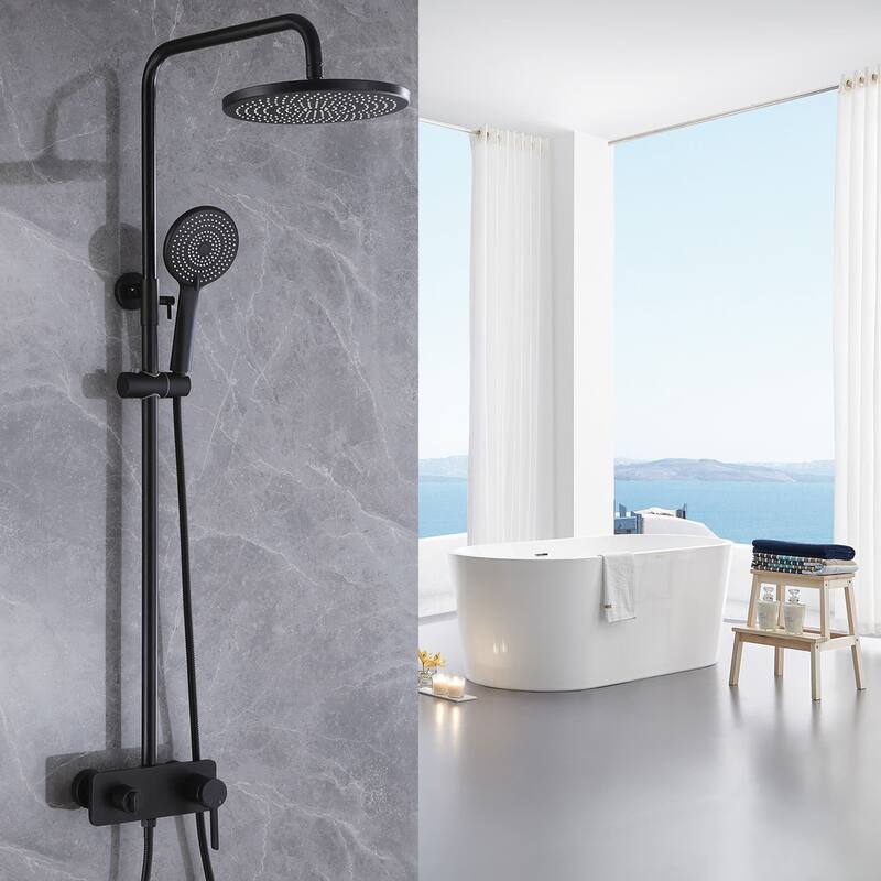 Tub Shower System With Rough-in Valve Exposed Pipes Shower Faucet With Hand Shower Matte Black 9.84 Inch Shower Head Kit Set