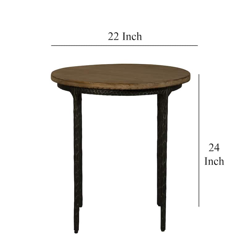 Lemy Side End Table, 22 Inch Rustic Round Brown Top, Black Metal Legs