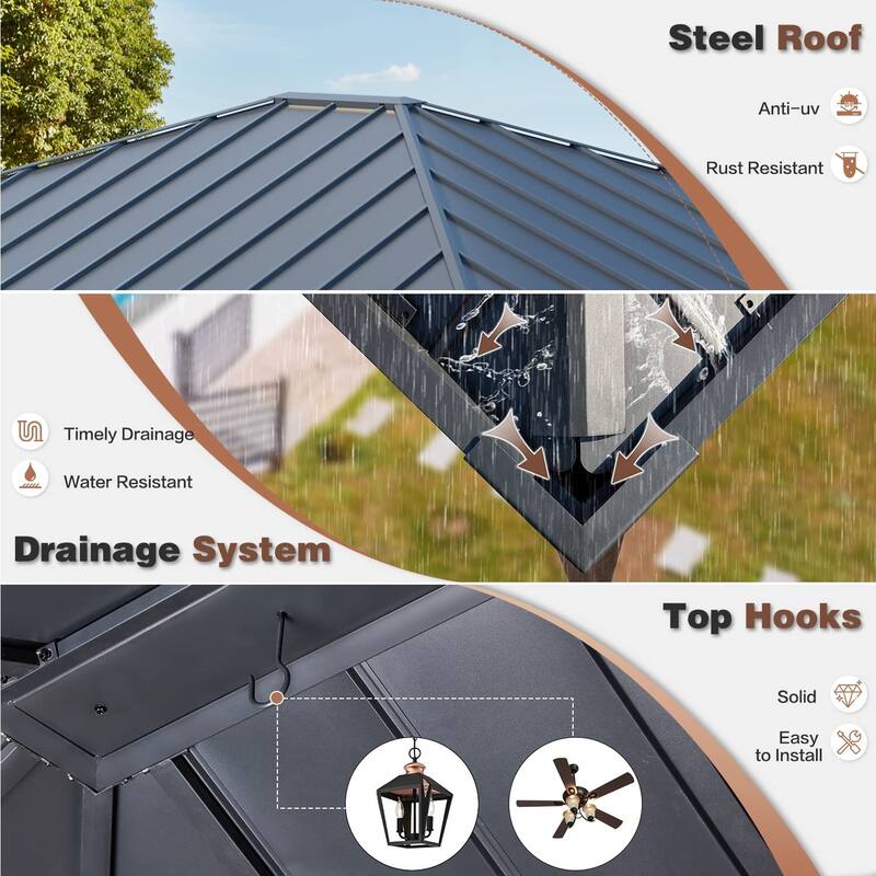 EROMMY 12' x 14' Hardtop Gazebo Faux Wood Grain Metal Gazebo with Storage Shelves, Outdoor Patio Gazebo Pergolas