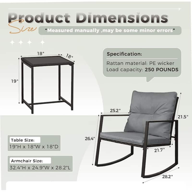 SUNCROWN 3-piece Outdoor Patio Brown/Black Wicker Rocking Chairs Conversation Bistro Set