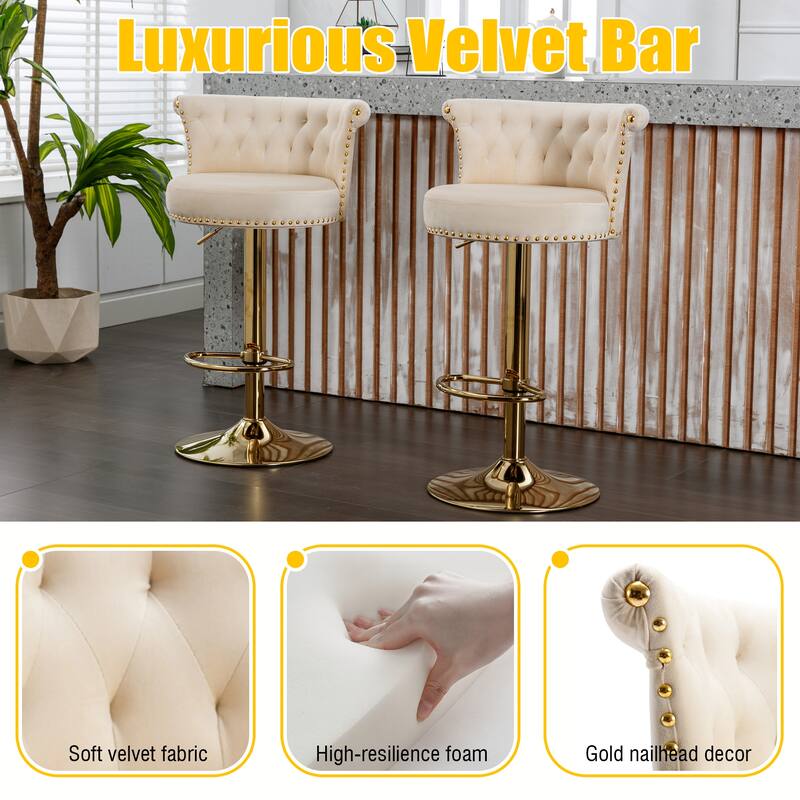 Set of 2 Velvet 360°Rotating Bar Chair, Handmade Backrest with One Click Adjustable Height Bar Chair, Very Soft Dining Chair