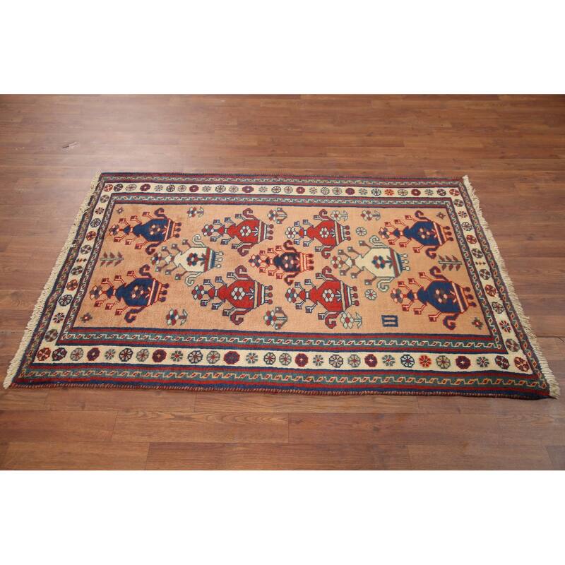 Hand Knotted Oriental 100% Wool Carpet Traditional Geometric Peach Hamedan Area Rug - 4' 10'' X 3' 2''