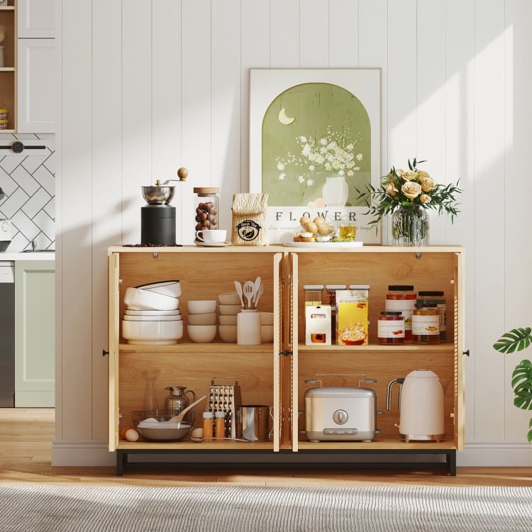 Natural Engineered Wood and Metal Buffet Sideboard with PE Rattan Doors - 50" × 16" × 32"