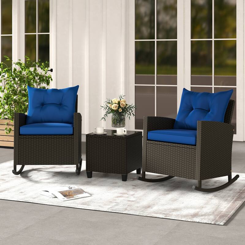 3-Pieces Patio Rattan Roker Chairs with Tufted Soft Cushions and Square Tempered Glass Table - 31.5" x 26" x 31.5"