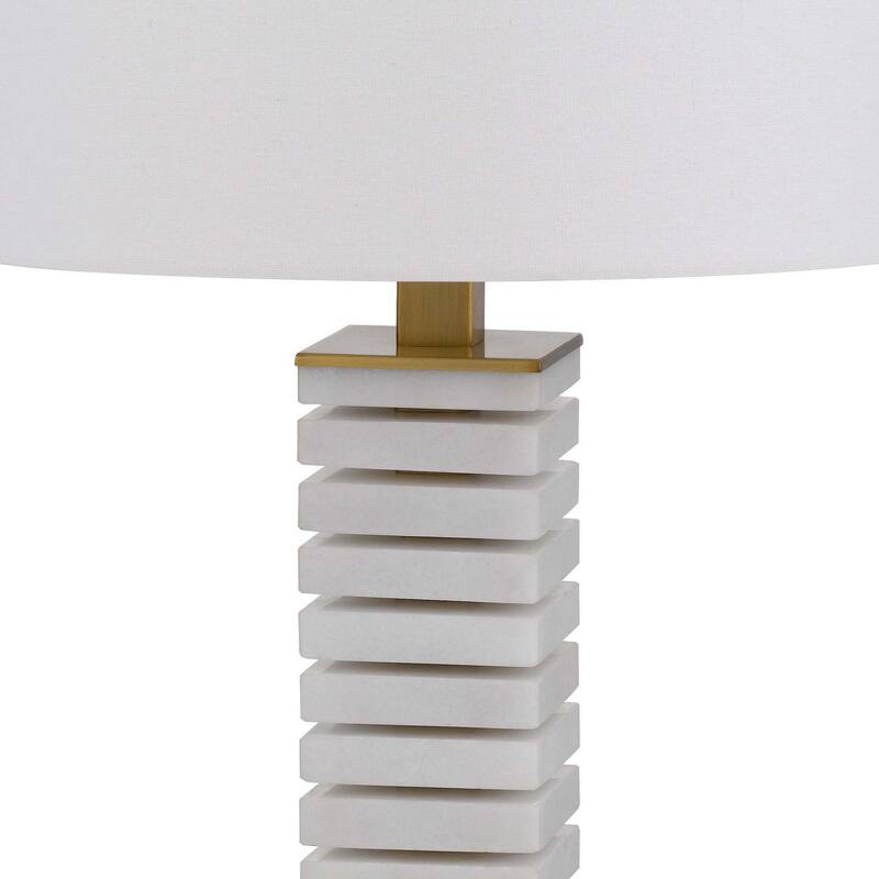28 Inch Table Lamp, White Drum Hardback, Marble and Antique Brass Finish