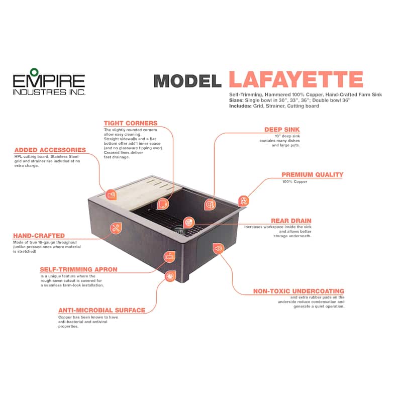 33" Self-Trimming Hammered Copper Single-Bowl Farmhouse Kitchen Sink