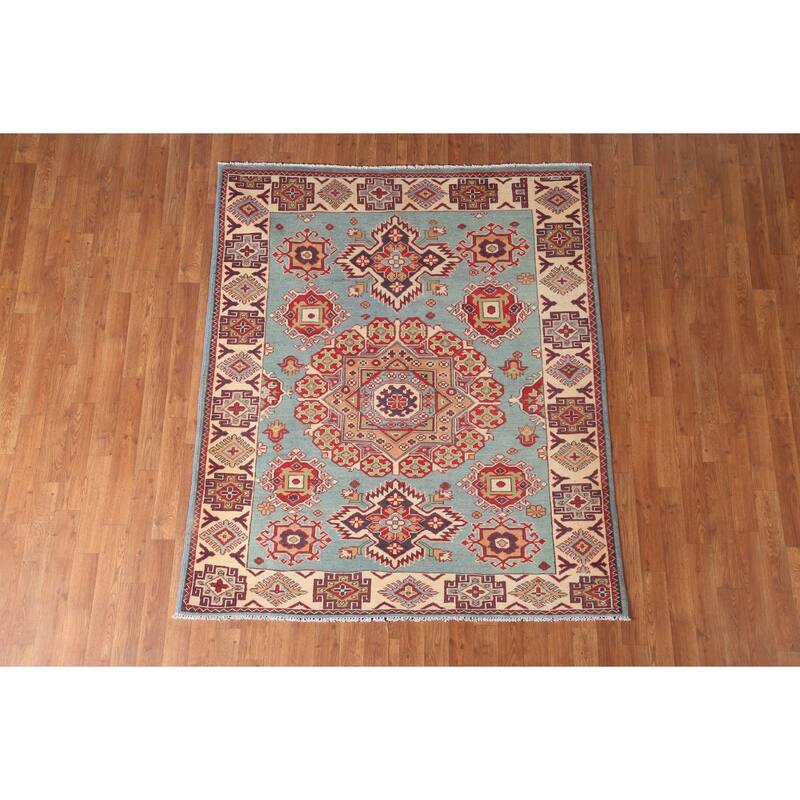 Geometric Blue Kazak Area Rug Handmade Wool Carpet - 4'11" x 5'11"
