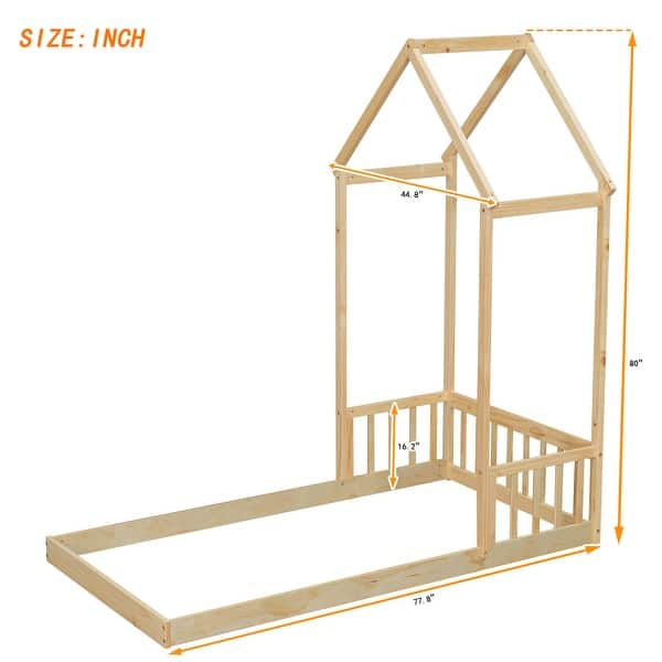 Twin Roof-Framed Headboard Floor Bed w/Headboard Guardrails, Natural