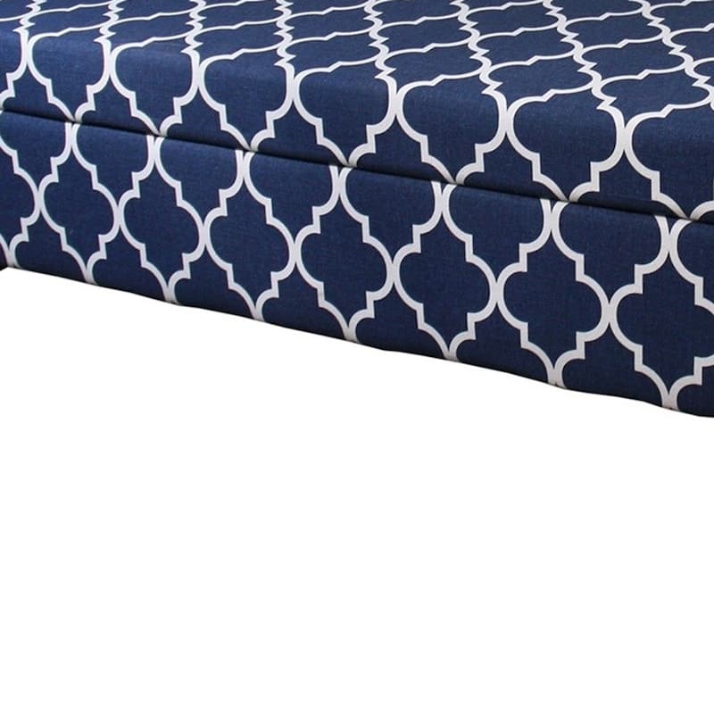 Blue and White Quatrefoil Dark Wood Storage Bench