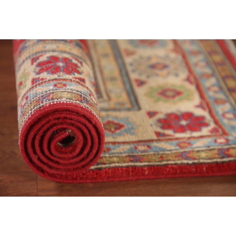 Red Geometric Kazak Accent Rug Handmade Oriental Wool Carpet - 2'11"x 4'3"