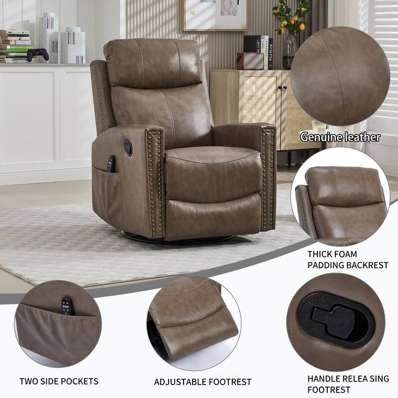 One Piece Genuine Leather Recliner Chair with Massage Heat Rocker and Swivel