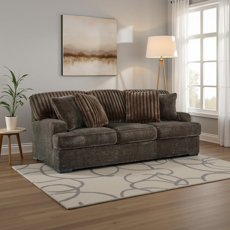 Ayle Sofa, 4 Accent Pillow, Chocolate Brown Corduroy Polyester 94 Inch