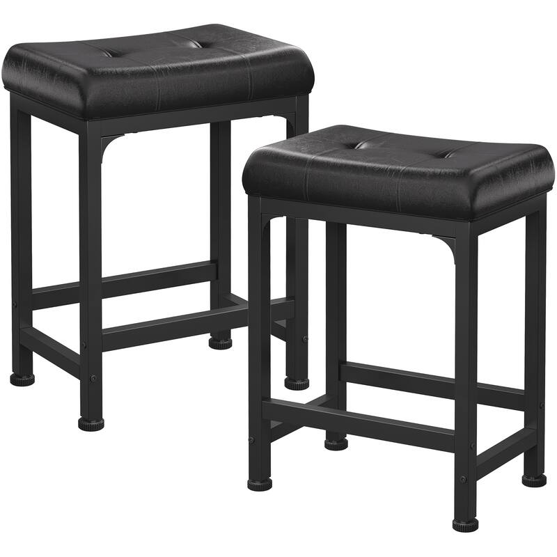 Counter-Height Stools Saddle Stool, PU Leather Barstools with Metal Base, Soft Cushion - Set of 2 - Black