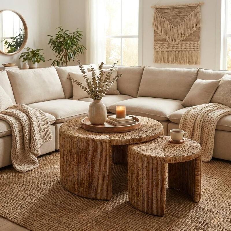 NPD Furniture Kanza Handwoven Abaca Coffee Table with Open Shelf