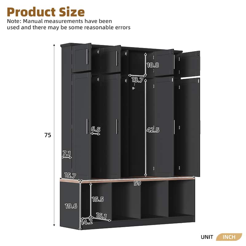 Farmhouse Hall Tree with 4 Hidden Hanging Hooks, Versatile Walnut Seating Bench with 8 Doors, Entryway Shoe Cabinet