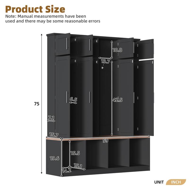 Farmhouse Hall Tree with 4 Hidden Hanging Hooks,Versatile Seating Bench with 8 Doors,Entryway Shoe Cabinet with Open Compartment