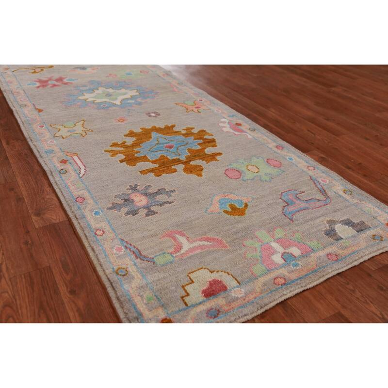 Hand Knotted Oriental 100% Wool Carpet Transitional Floral Greys & Charcoal Oushak Runner Rug - 9' 11'' X 2' 9''