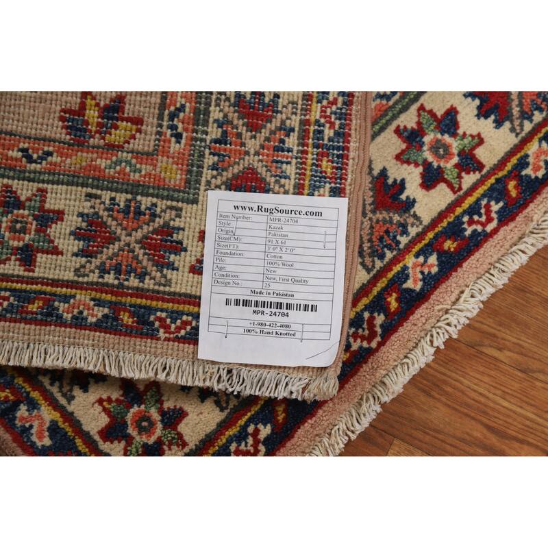 Geometric Kazak Oriental Accent Rug Hand-Knotted Wool Carpet - 2'0"x 3'0"