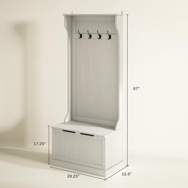 dimension image slide 0 of 4, HOMCOM 28" 3-In-1 Entryway Hall Tree with Storage Bench, Coat Rack with Four Hooks and Shoe Storage, Gray