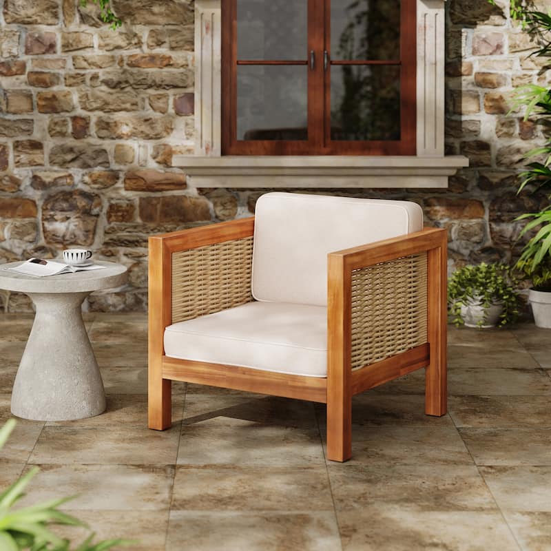 Outdoor Club Chair Upholstered Arm Chair with Wicker Armrest, Coffee Chair Reception Chair Side Chair - Beige Teak