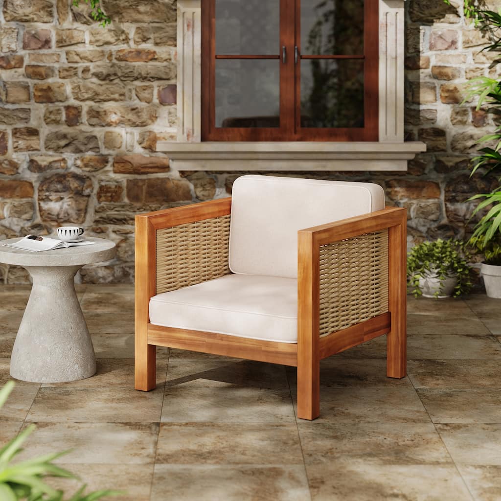 Outdoor Club Chair Upholstered Arm Chair with Wicker Armrest, Coffee Chair Reception Chair Side Chair