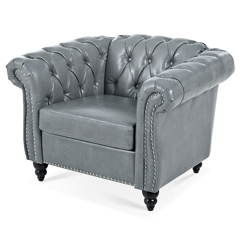 Gray PU 38.98" Buttons Tufted Accent Chair with Birch Legs