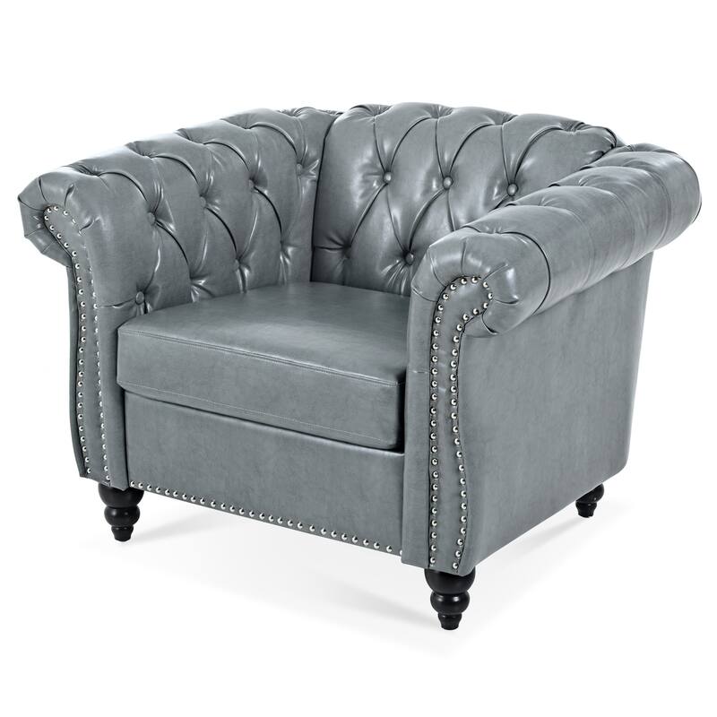 Leather Single Sofa Chair Barrel Chair with Nailhead Trim, Stylish Corner Chair Side Chair with Rolled Armrests