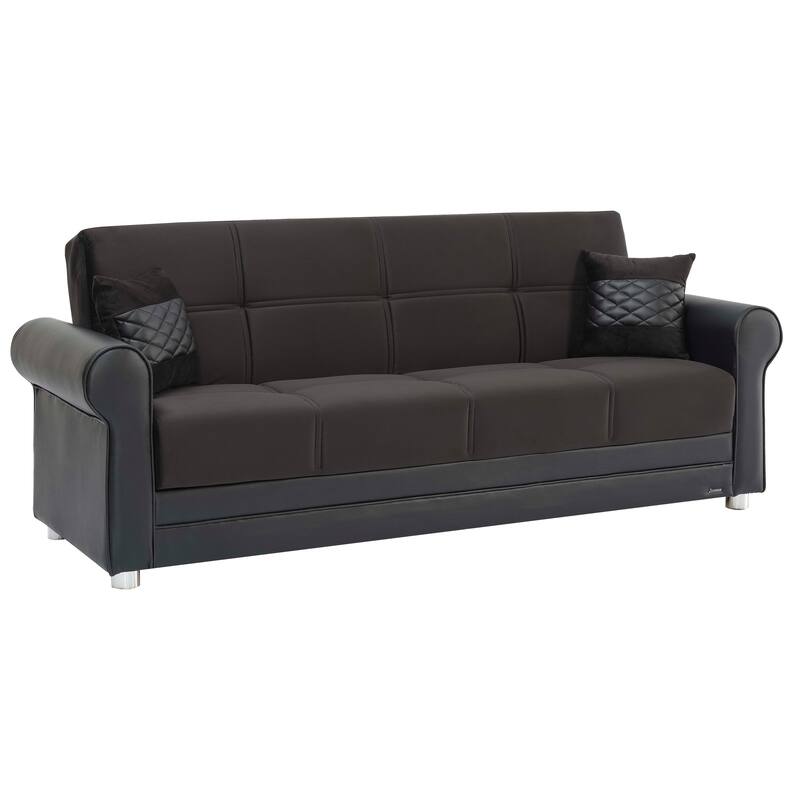 HomeRoots 89" Black Polyester Convertible Futon Sleeper Sofa And Toss Pillows With Storage
