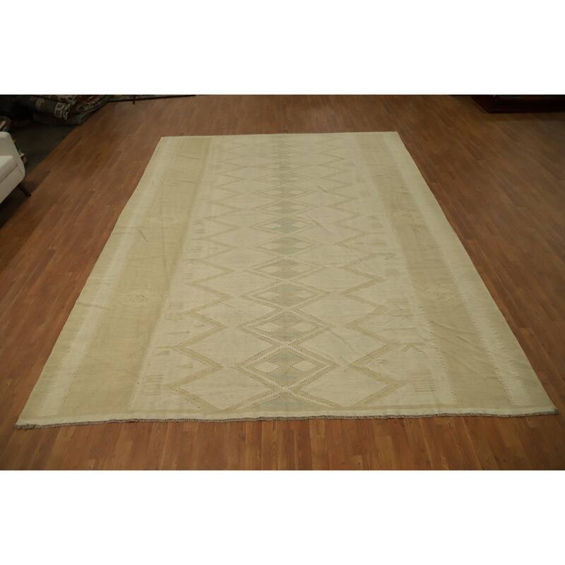 Hand Woven Oriental 100% Wool Carpet Southwestern Tribal Beige & Ivories Kilim Area Rug - 12' 10'' X 9' 9''