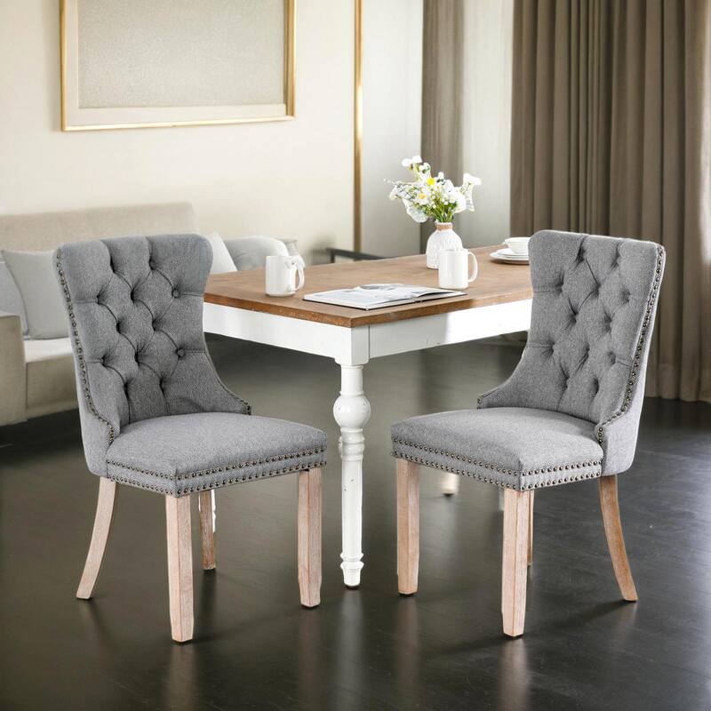 High-end Tufted Solid Wood Contemporary Flax Upholstered Linen Dining Chair with Wood Legs Nailhead Trim 2-Pcs Set,Gray