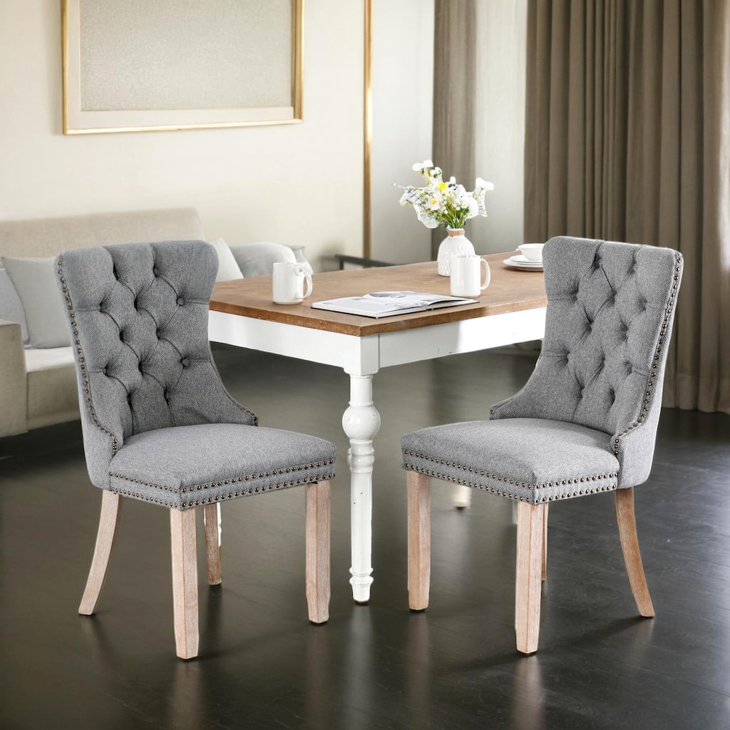 High-end Tufted Solid Wood Contemporary Flax Upholstered Linen Dining Chair with Wood Legs Nailhead Trim 2-Pcs Set,Gray