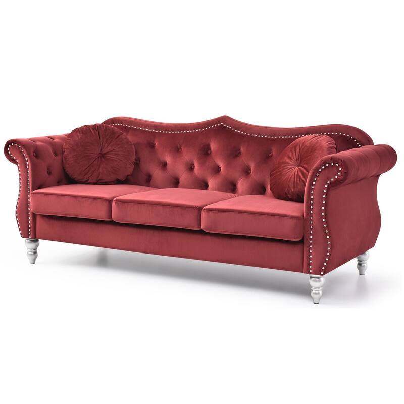 Velvet Tufted Chesterfield 3-Seater Sofa with Throw Pillows - 82" - Burgundy