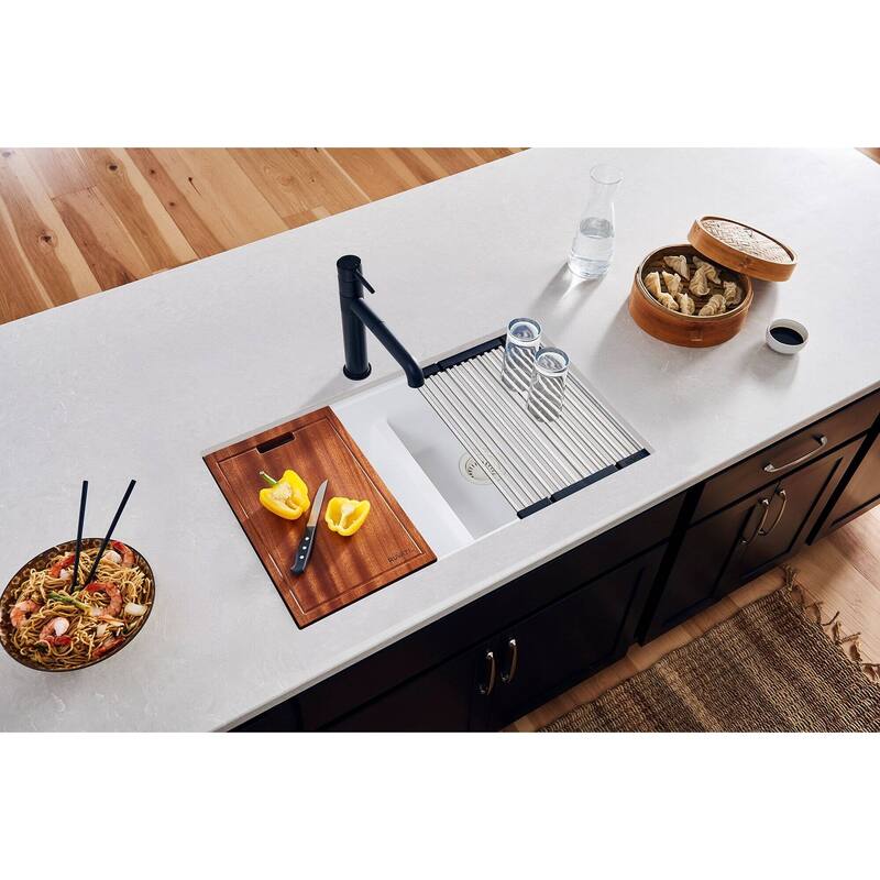 Ruvati 32-inch Undermount Workstation Granite Composite Quartz Kitchen Sink 50/50 Double Bowl - Arctic White - RVG2343WH