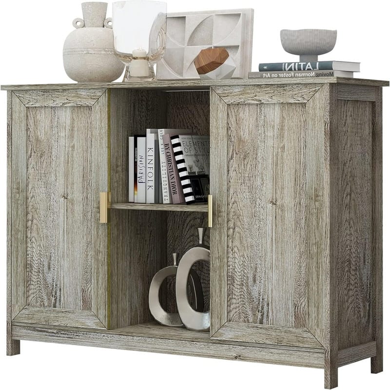 Credenza Buffet Cabinet Wooden Coffee Bar Cabinet - 11.8"D x 39.4"W x 30.7"H - Oak Grey