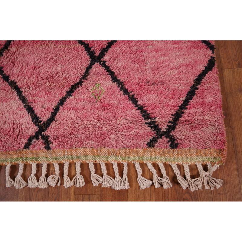 Pink Trellis Plush Moroccan Area Rug Handmade Wool Carpet - 5'3" x 8'10"