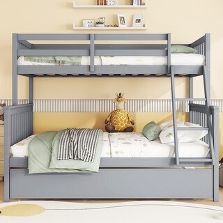 Twin Over Full Bunk Kids Bed with Trundle, Detachable & Convertible, Rubber Wood Frame with Reversible Ladder & Guardrail, Grey