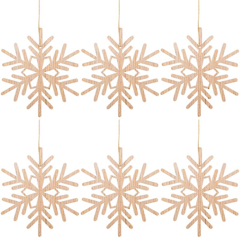 Snowflake Cut-Out Natural Wood Christmas Ornaments - 4.75" - Set of 6