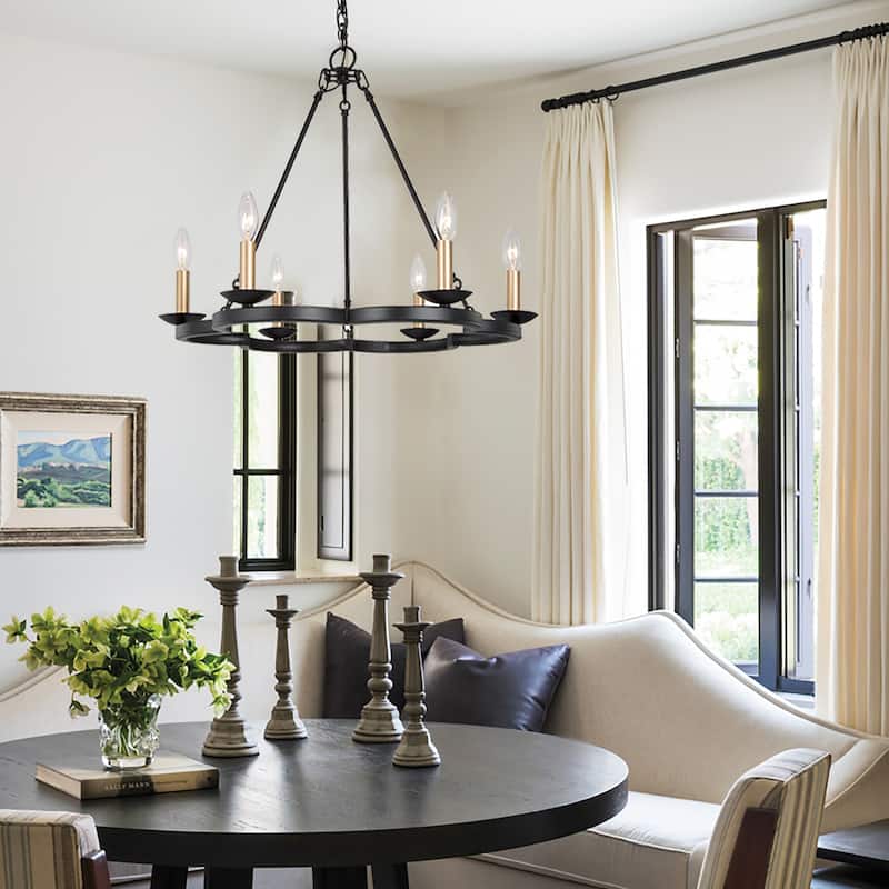 Modern Transitional Wheel Candle Chandelier Black Gold Dining Room Pendant