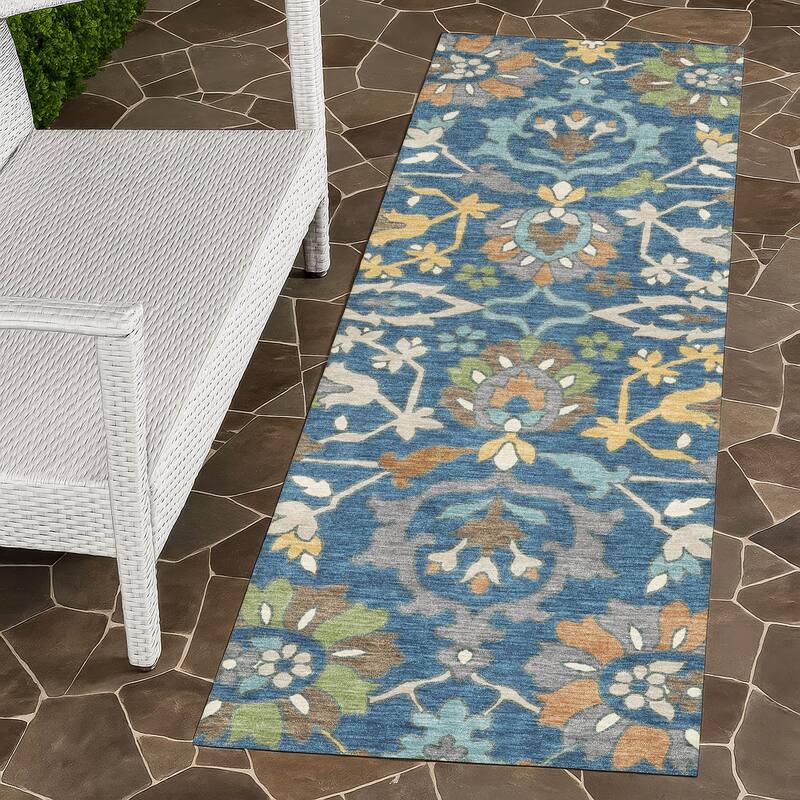 Machine Washable Indoor/ Outdoor Traditional Blanca Chantille Rug - Blue - 2'3" x 7'6"