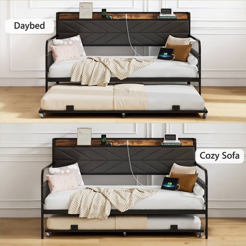Javlergo Black Metal Daybed with USB Charging Pull-Out Trundle PU Leather Storage Headboard Space-Saving Sleeper Sofa Bed