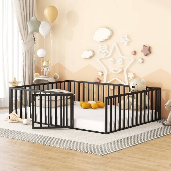slide 2 of 59, Metal Floor Bed Frame with Fence & Door, for Kids Girls Boys Black - Queen