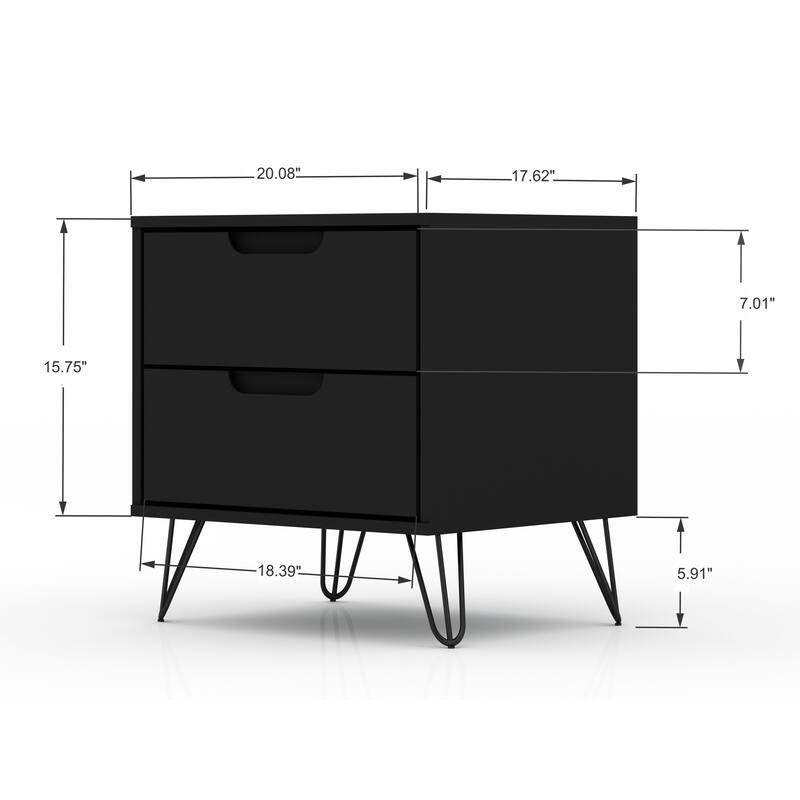 20-Inch Black Nightstand with 2 Drawers, Mid-Century Modern Design