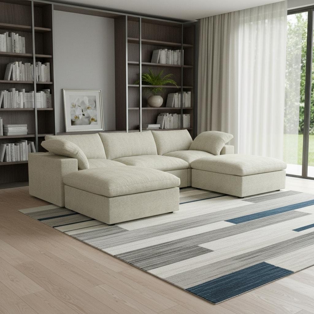 HomeRoots 120" Beige Linen Blend Modular Sofa With Ottoman And Toss Pillows And Storage