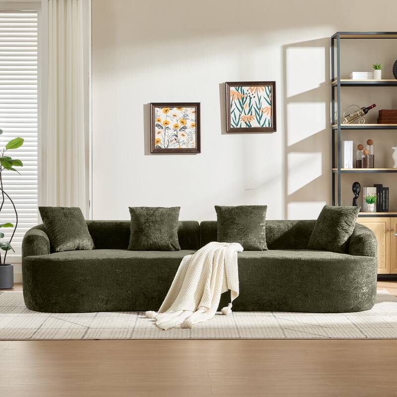 Curved Loveseat Sofa, 110'' Chenille 2-Seater Couch Deep Seat Sectional Couch with 3 Plush Pillows - Olive Green