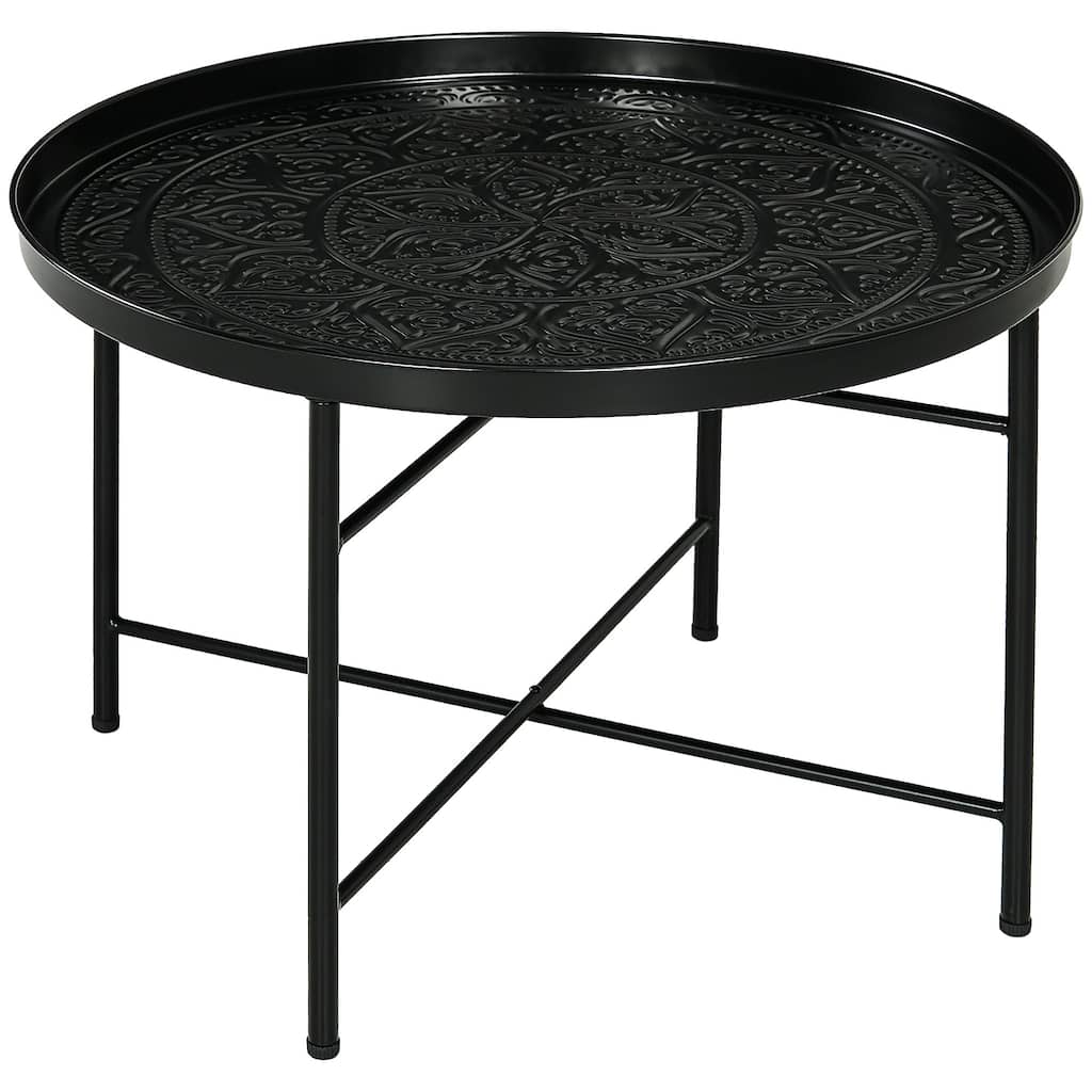 24" Round Coffee Table with Hammered Tray Top, Vintage Metal Center Table for Living Room, Bedroom, Side Table, Black
