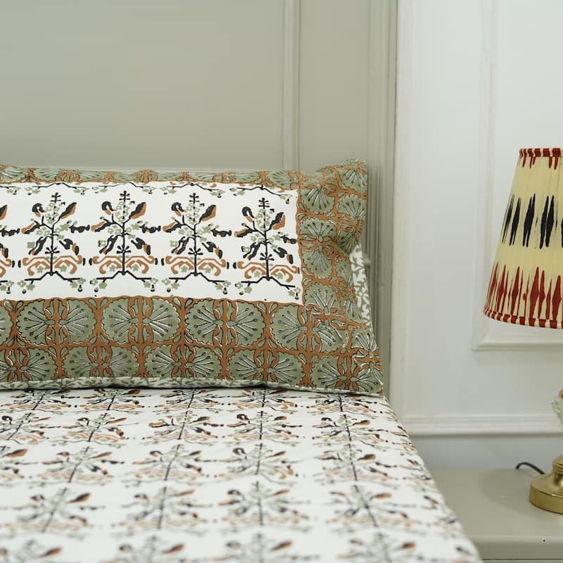 Fabdivine Cotton Hand Block Floral Flat Sheet Bed Room Home Décor Accent Gift - Nakshatra- Brown, Green, Black - Twin XL