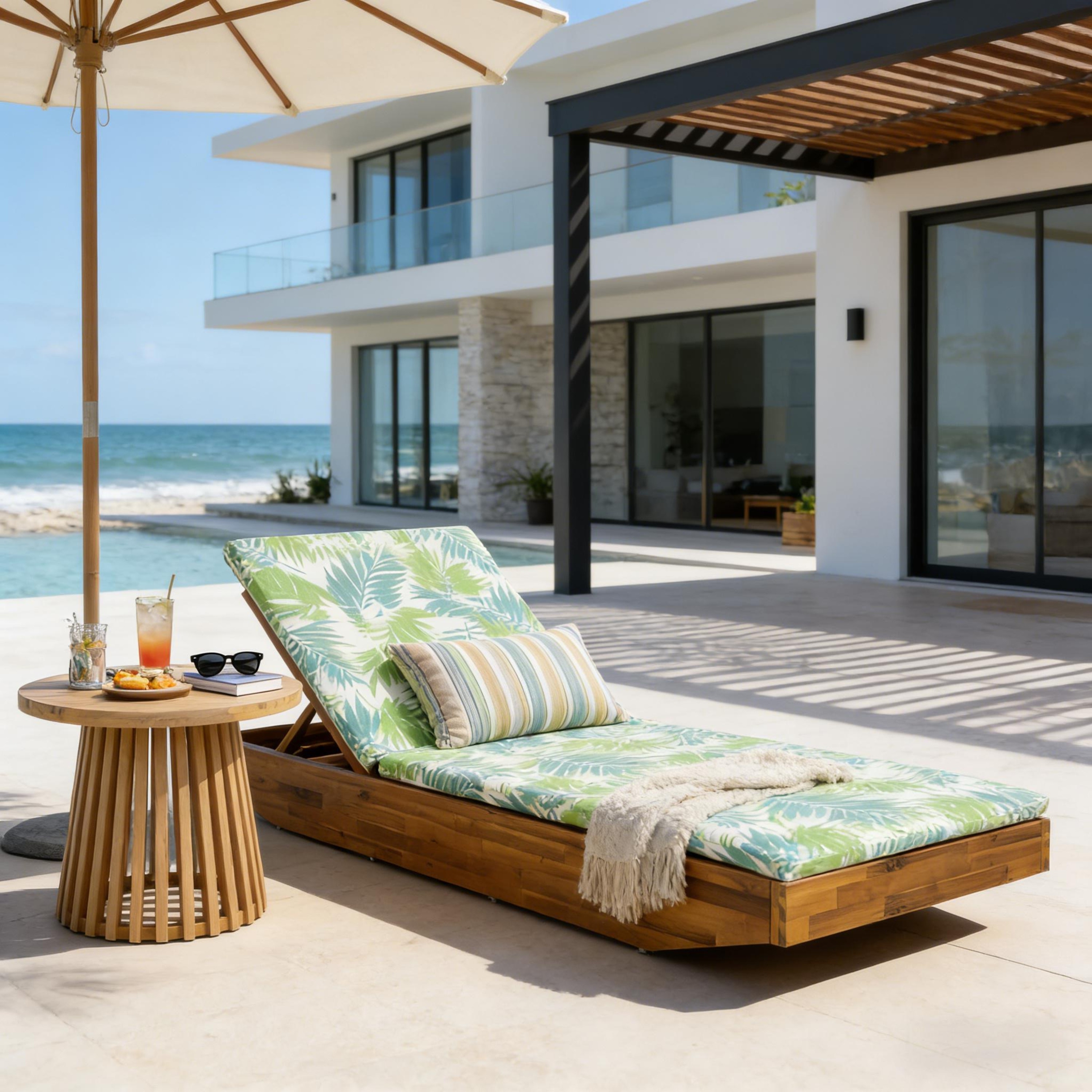 Christopher Knight Home - Outdoor Acacia Wood Chaise Lounge with Ergonomic 2-Fold Thin Water-Repellent Cushion - 79.6"L