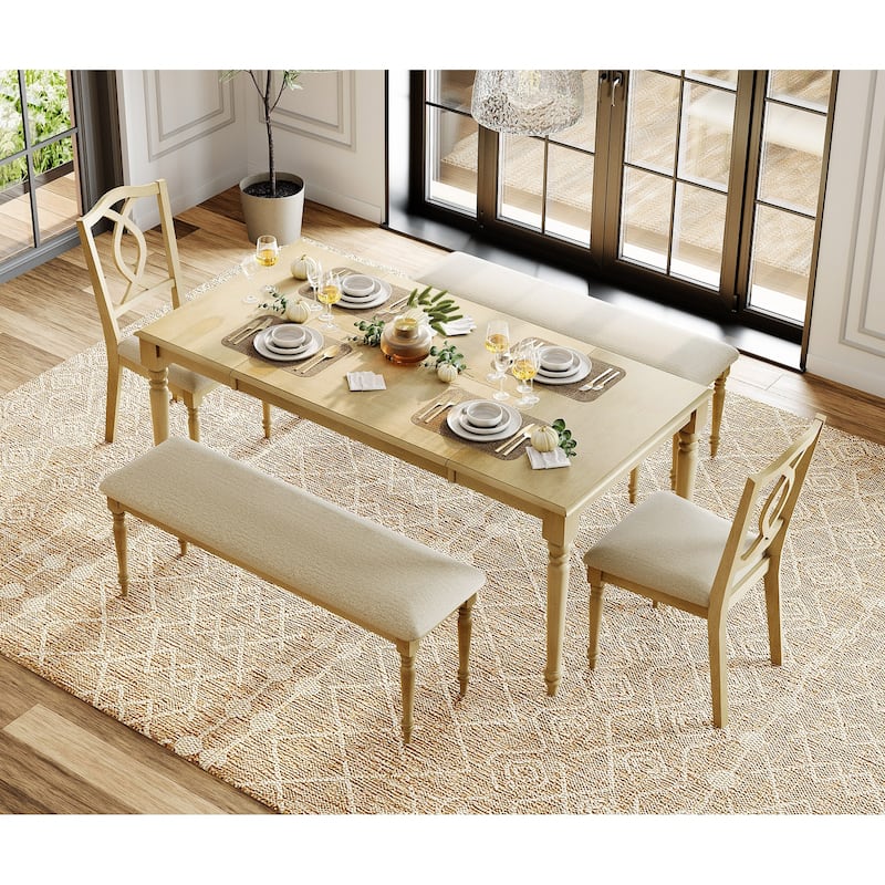 5-Piece Dining Table Set, Farmhouse Wood Dining Room Set for 6, Oak