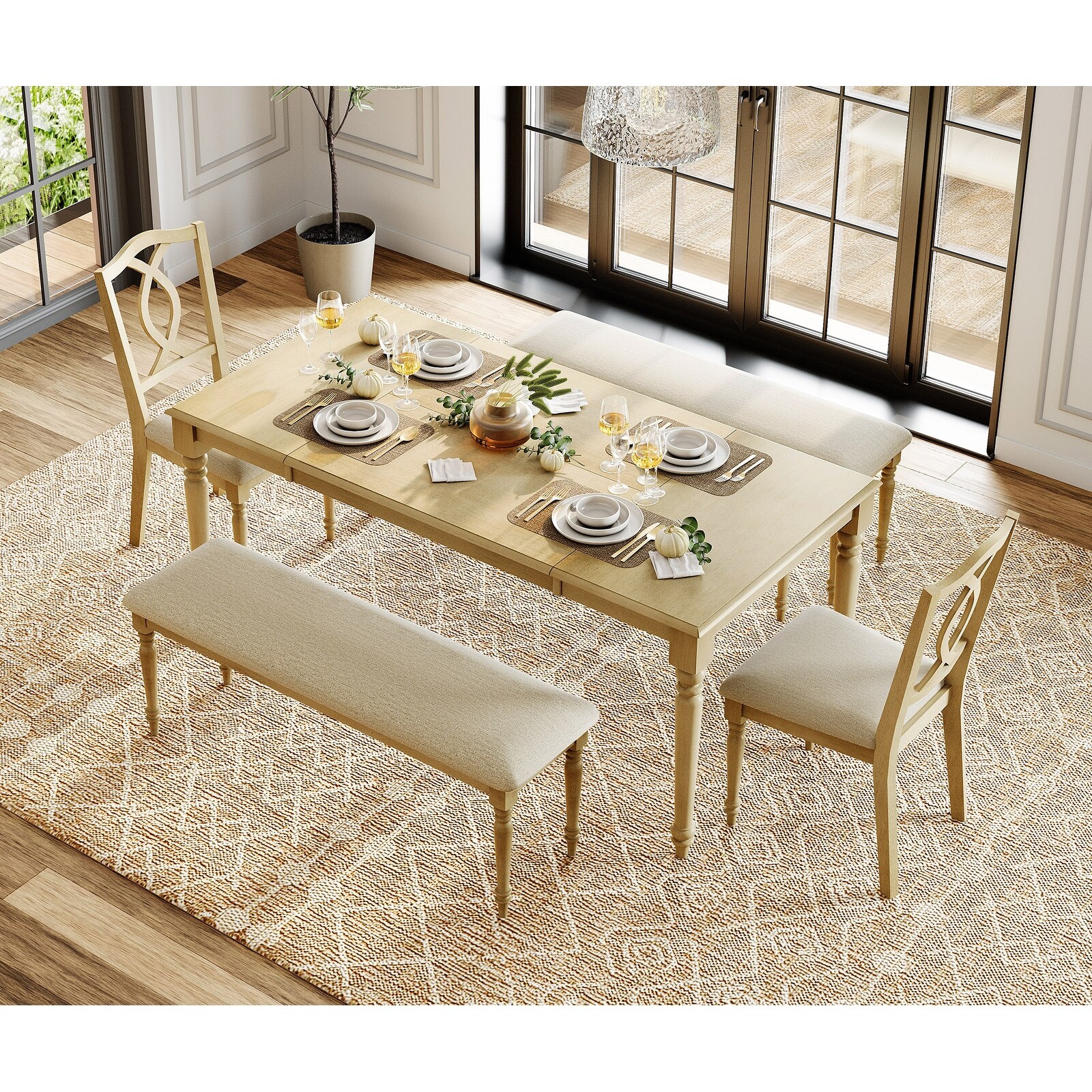 5-Piece Dining Table Set, Farmhouse Wood Dining Room Set for 6