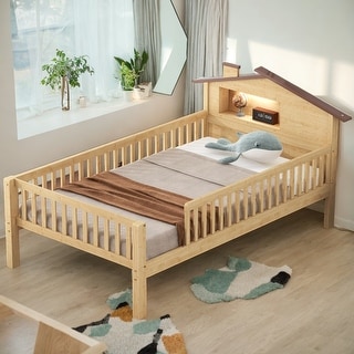 Twin Wood Bed with LED & Storage, House-Shaped Headboard